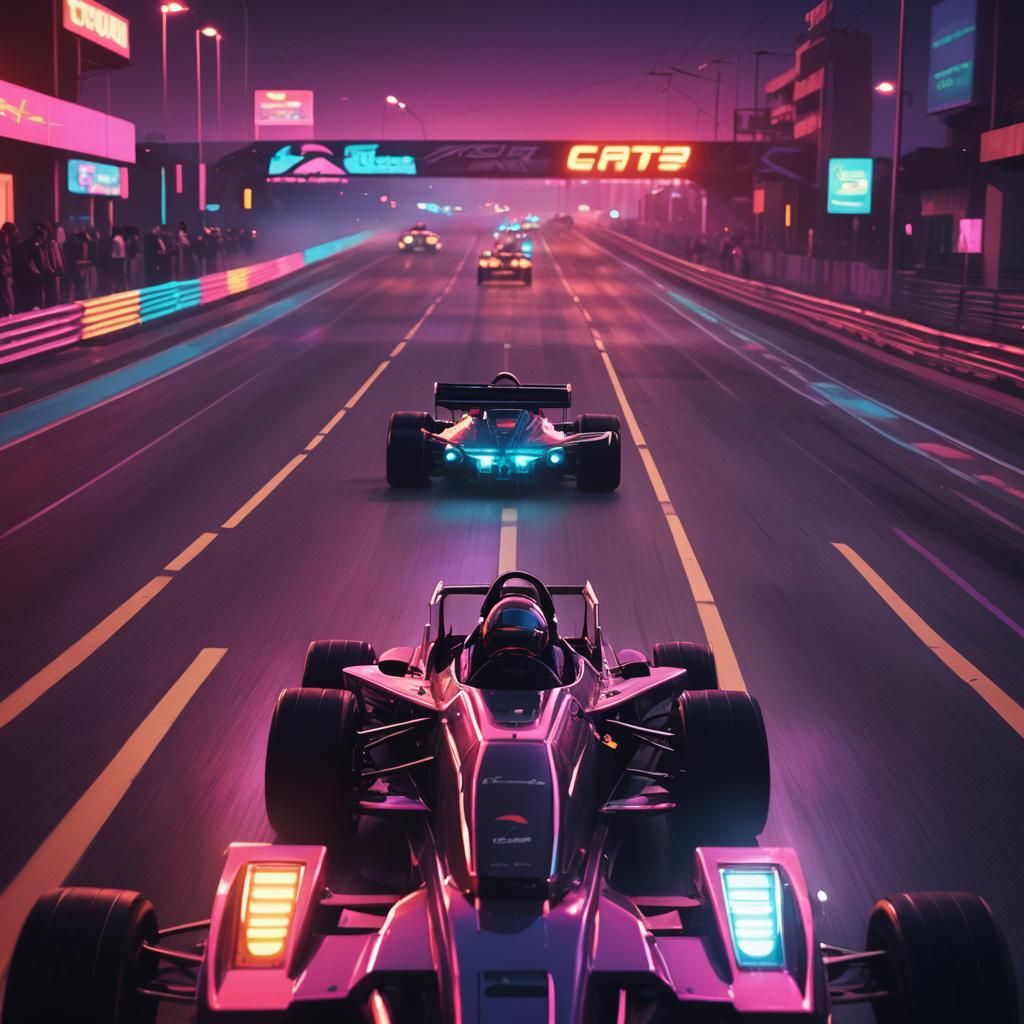 Formula One Car Victory in Synthwave Style
