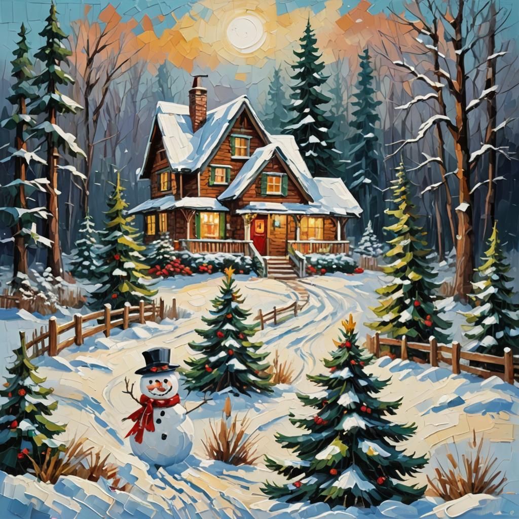 Christmas Cottage in Snowy Impasto Style