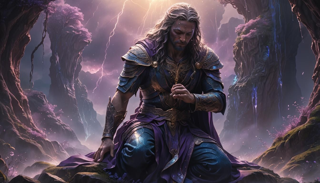 Ethereal God Kneeling in a Majestic Realm