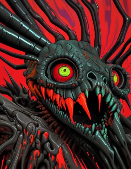 Biomechanical Demon Face in a Surreal Oil Painting