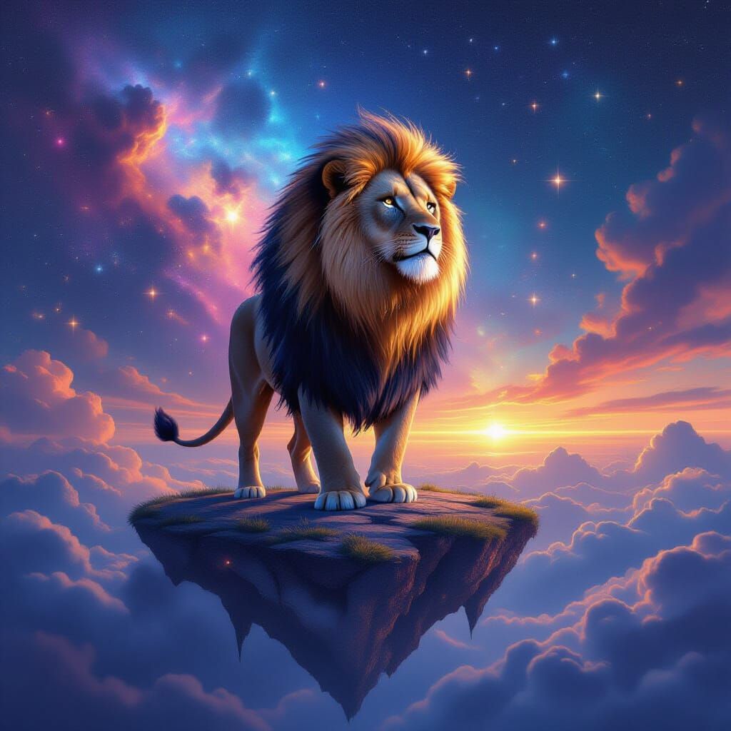 Lion With Starlight Mane on Floating Island