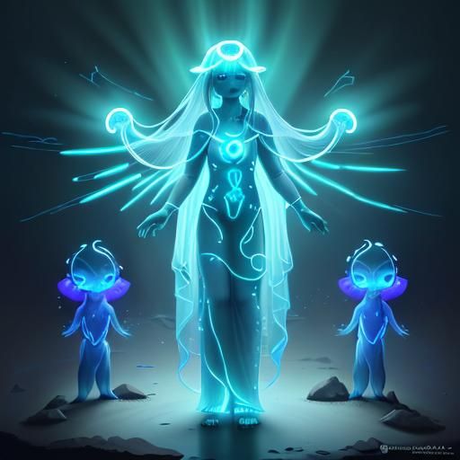 an artwork depicting this Lumi-Nation and their relationship with the bioluminescent beings that illuminate their world.