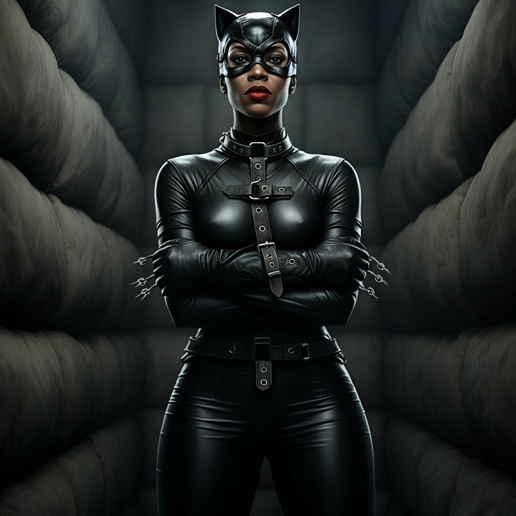 Confident Catwoman in Straitjacket: Cinematic Film Noir