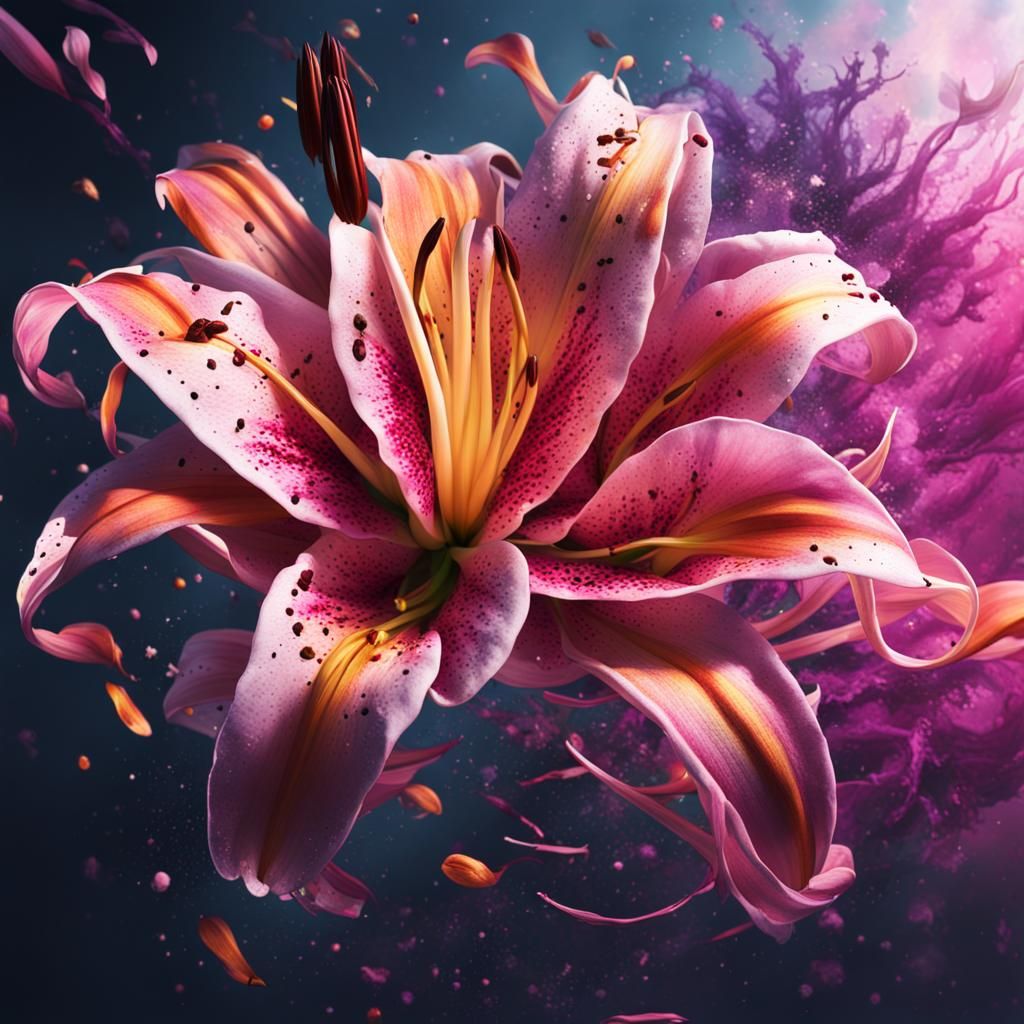Swirling Oriental Lily in Vibrant Splatter Art