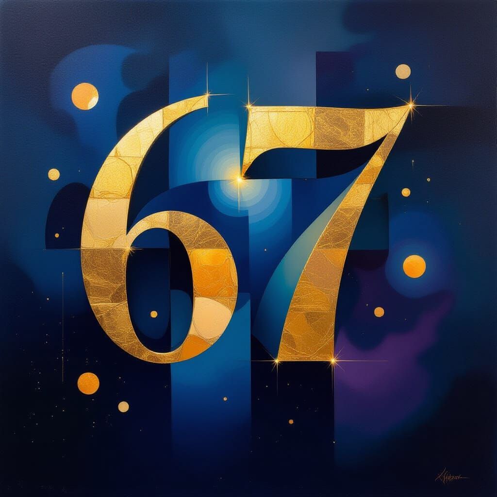 Surreal Number 67 Oil Painting in Cosmic Blues and Golds