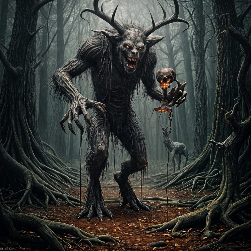 Cyberpunk Wendigo in a Haunting Ancient Forest Scene