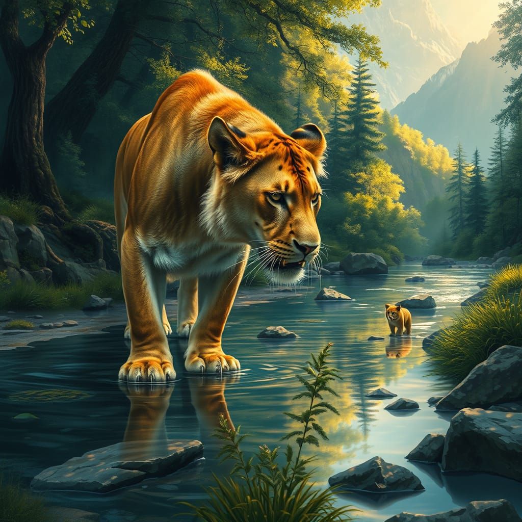 Bengal Lion Pauses at Mountain Stream