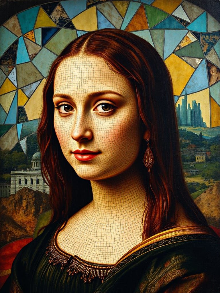 Modern Mosaic Mona Lisa Portrait, Colorful Art