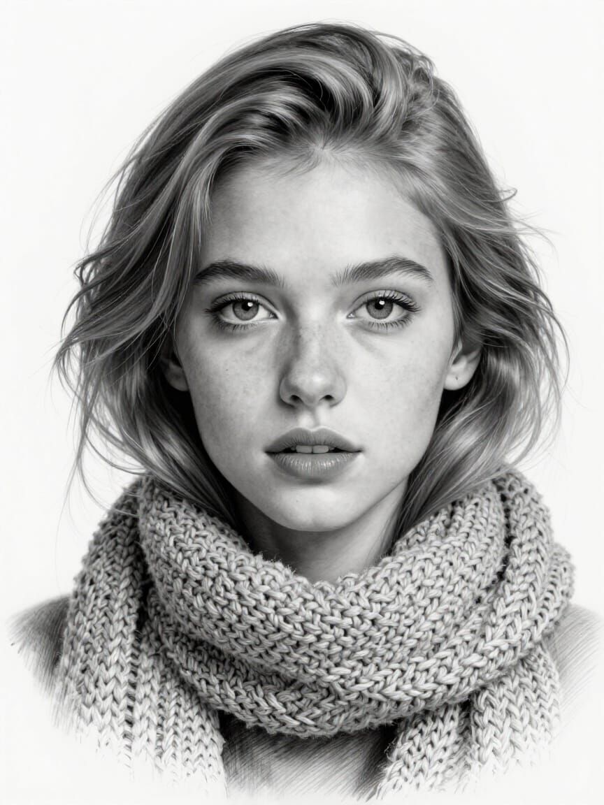 Monochrome Pencil Sketch Portrait of a Young Woman