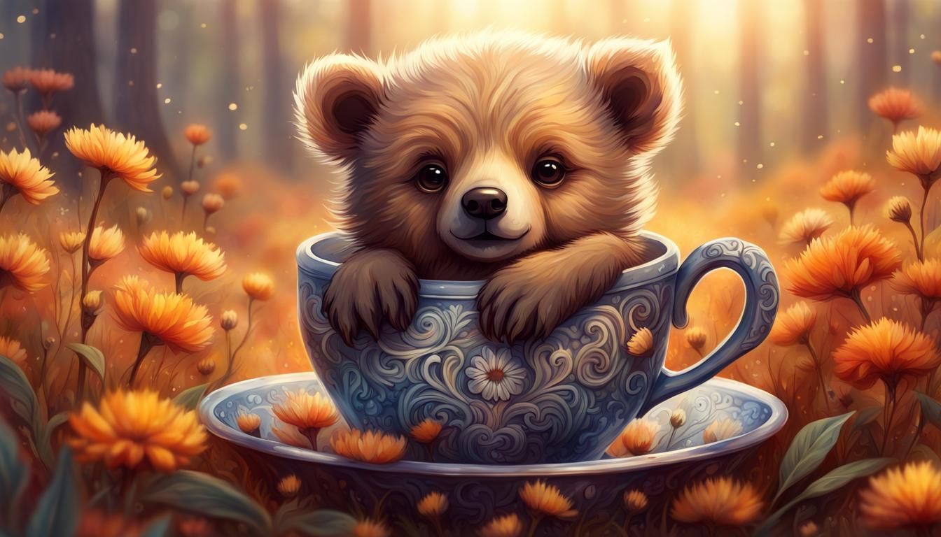 Cute Bear Cub in Ornate Cup Painting