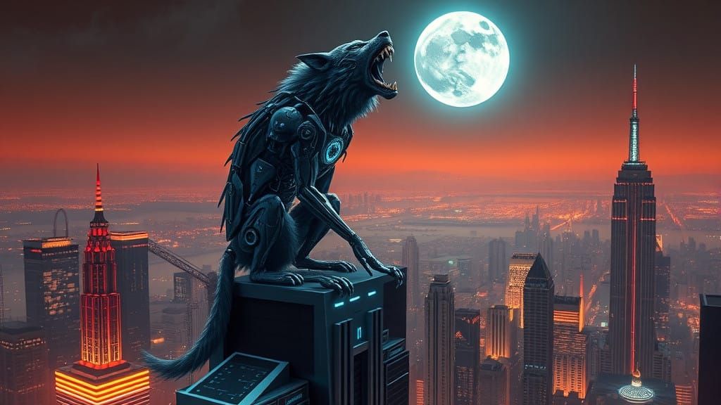 Cyberpunk Werewolf Under Full Moon