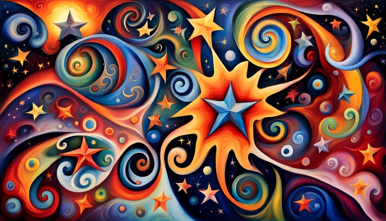 Cosmic Dance: Swirling Stars in Abstract Impasto Style