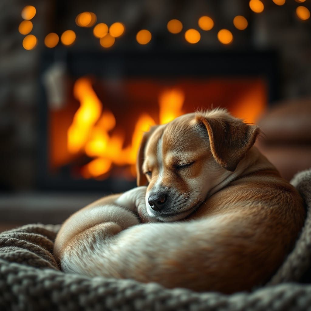 Peaceful Dog Slumbers in Front of Crackling Fireplace