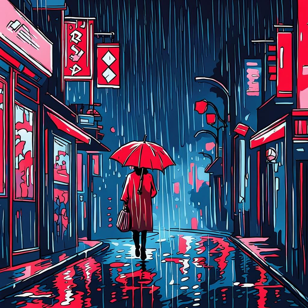 Lonely Figure with Red Umbrella in Rain
