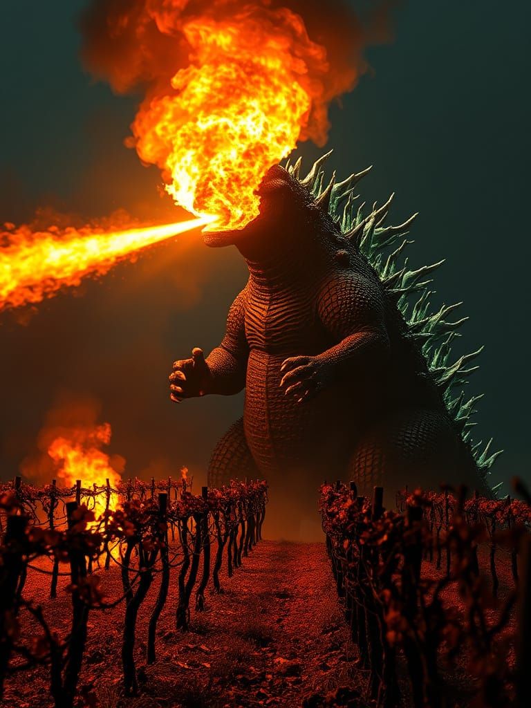 Godzilla's Burning Eyes Ignite a Vineyard