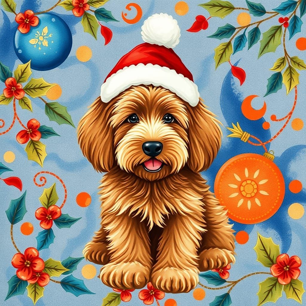 Festive Labradoodle in Santa Hat Watercolor Painting