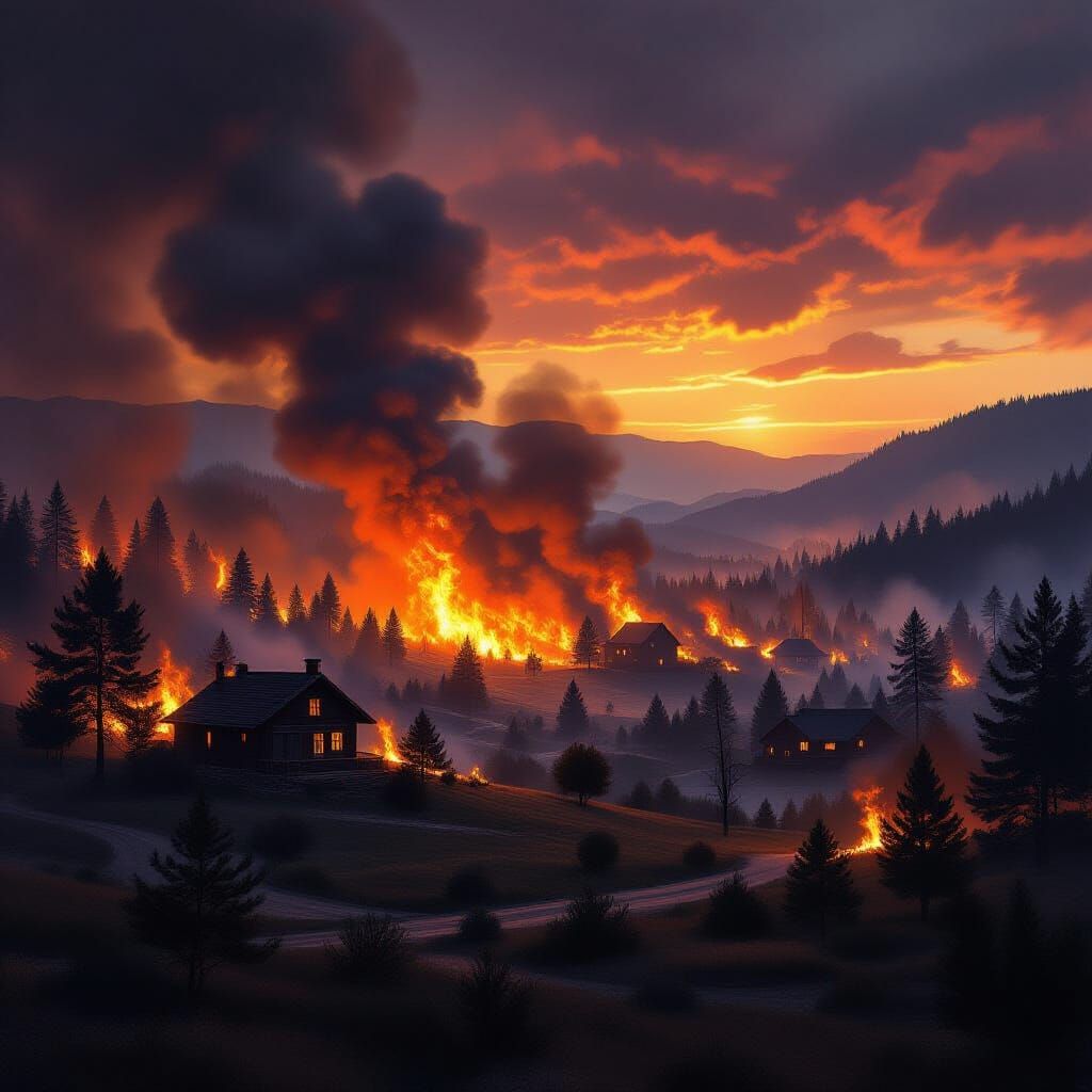 Wildfire Aftermath Digital Painting of Burning Homesteads