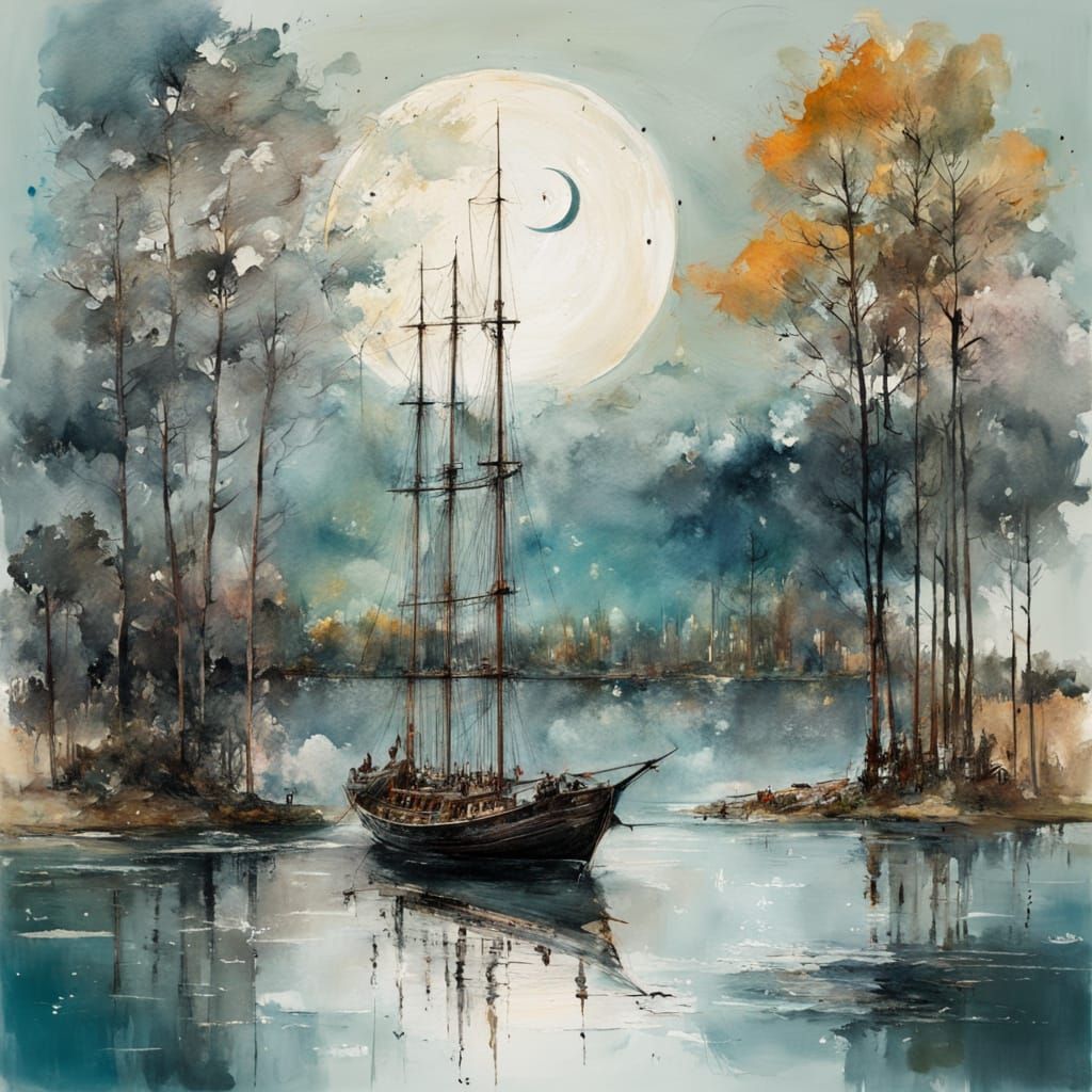 Sailing Ship on Silent Lake: Classical Abstract Art