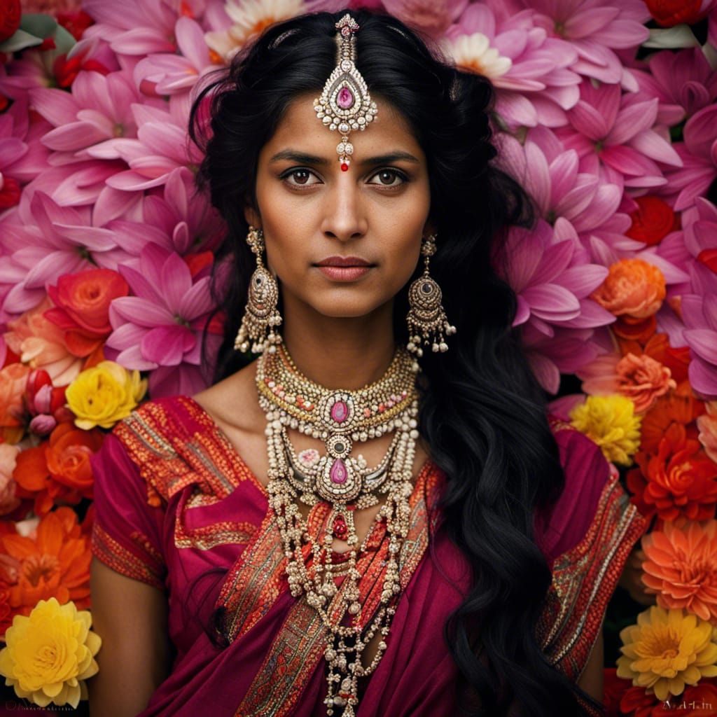 Indian Goddess Portrait with Traditional Saree and Flowers