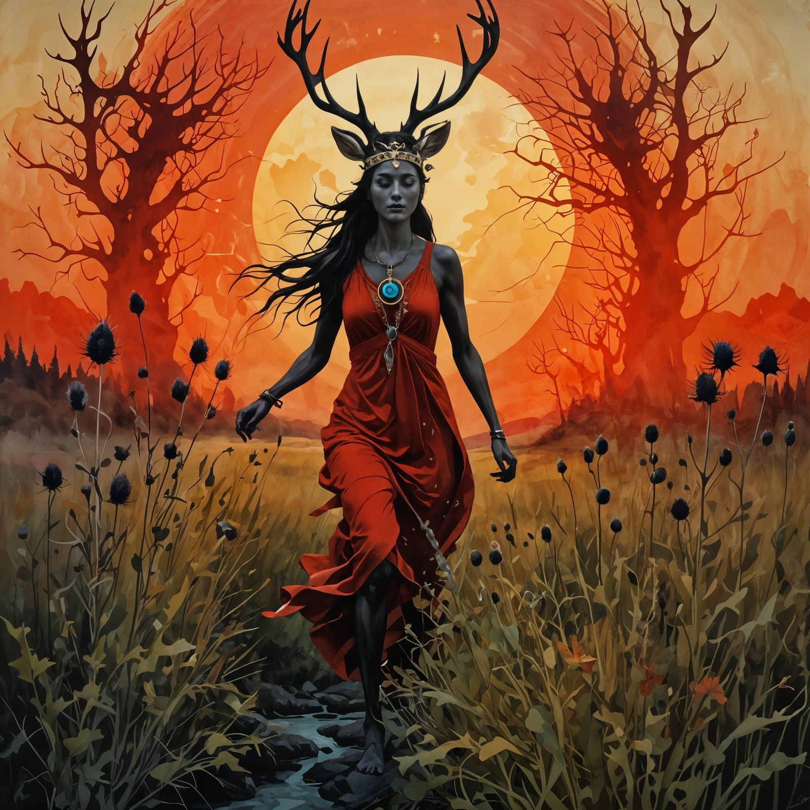 Ornate Print of Running Priestess with Antlers