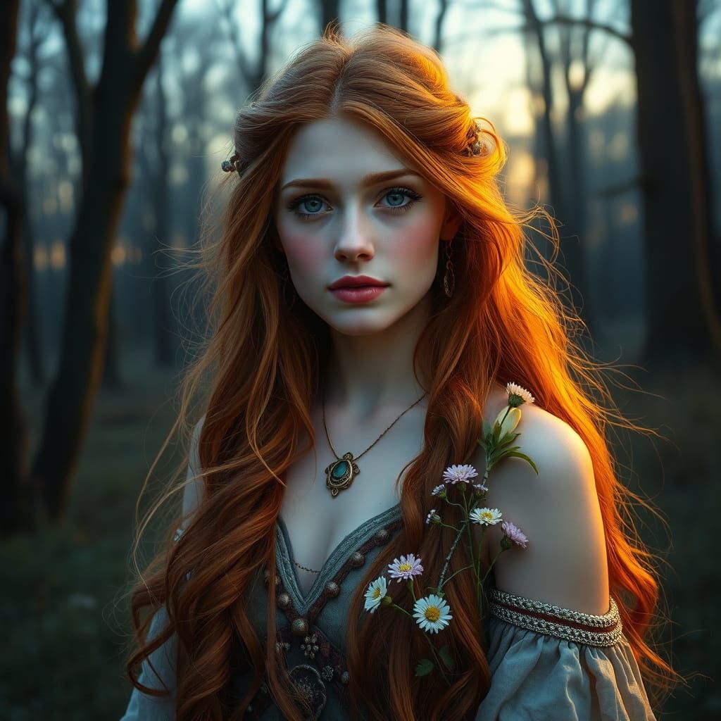 Mystical Irish Woman in Forest, Art Nouveau Style