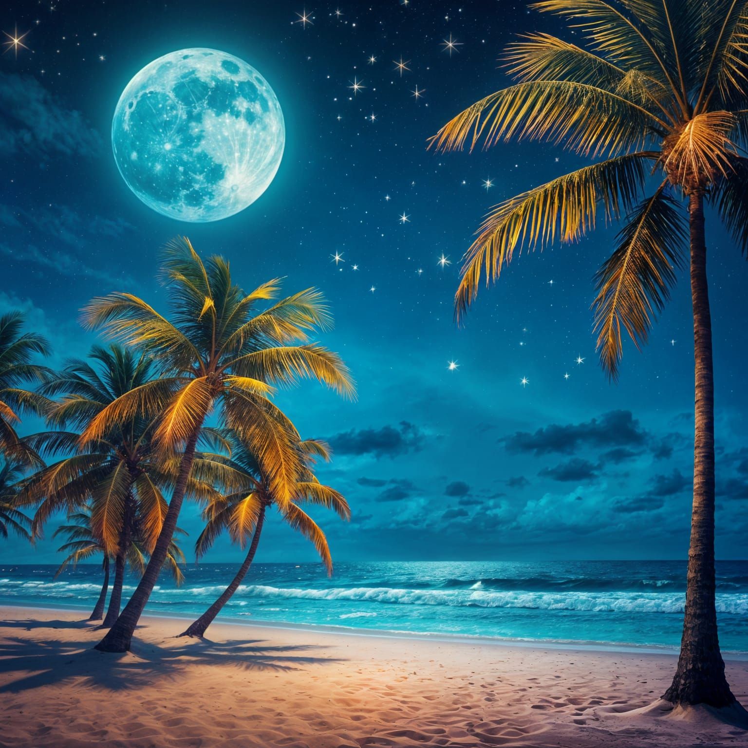Neo Impressionist Palm Trees Under Moonlight