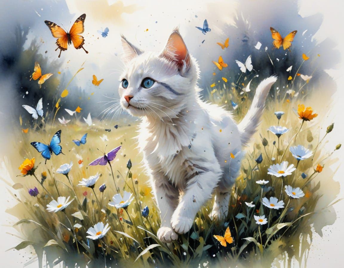 Playful Kitten Chasing Butterflies in Watercolour Meadow