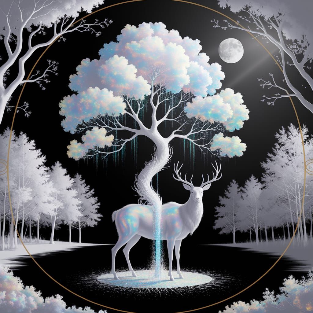 Whimsical Monochromatic Portal Tree under a Dark, Moonlit Sk...