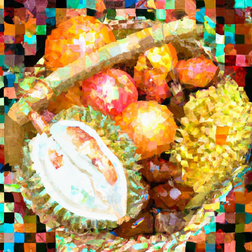 Mosaic Still Life with Durian and Jackfruit