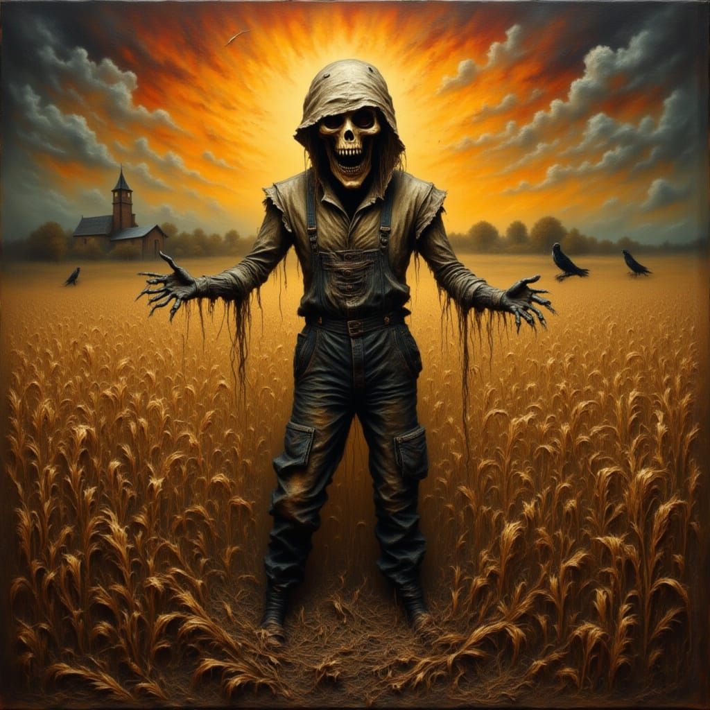 Eerie Scarecrow in Cornfield at Sunset, Dark Americana Oil P...