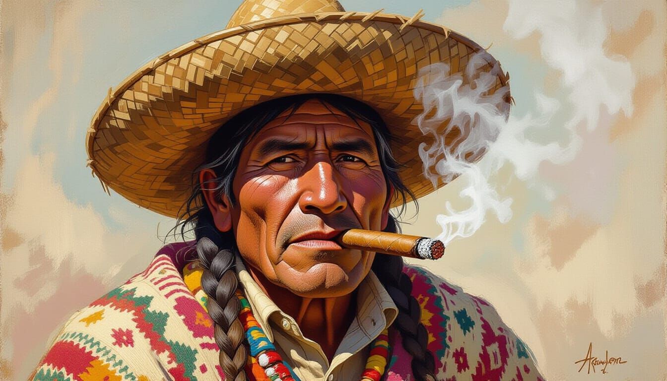 Andean Native Smoking Cigarillo as Oil Painting