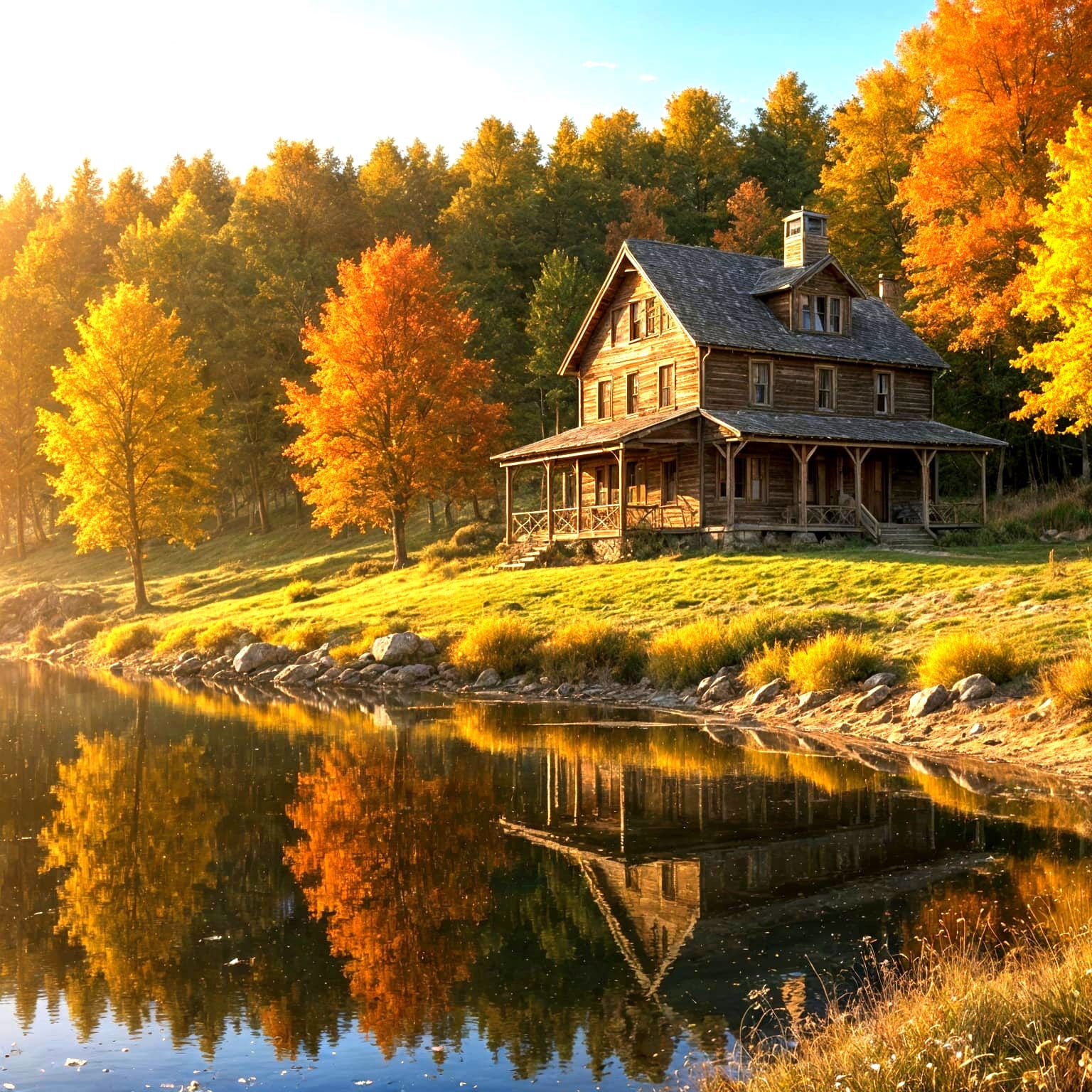 Weathered Homestead by Lake in Autumn Sunshine