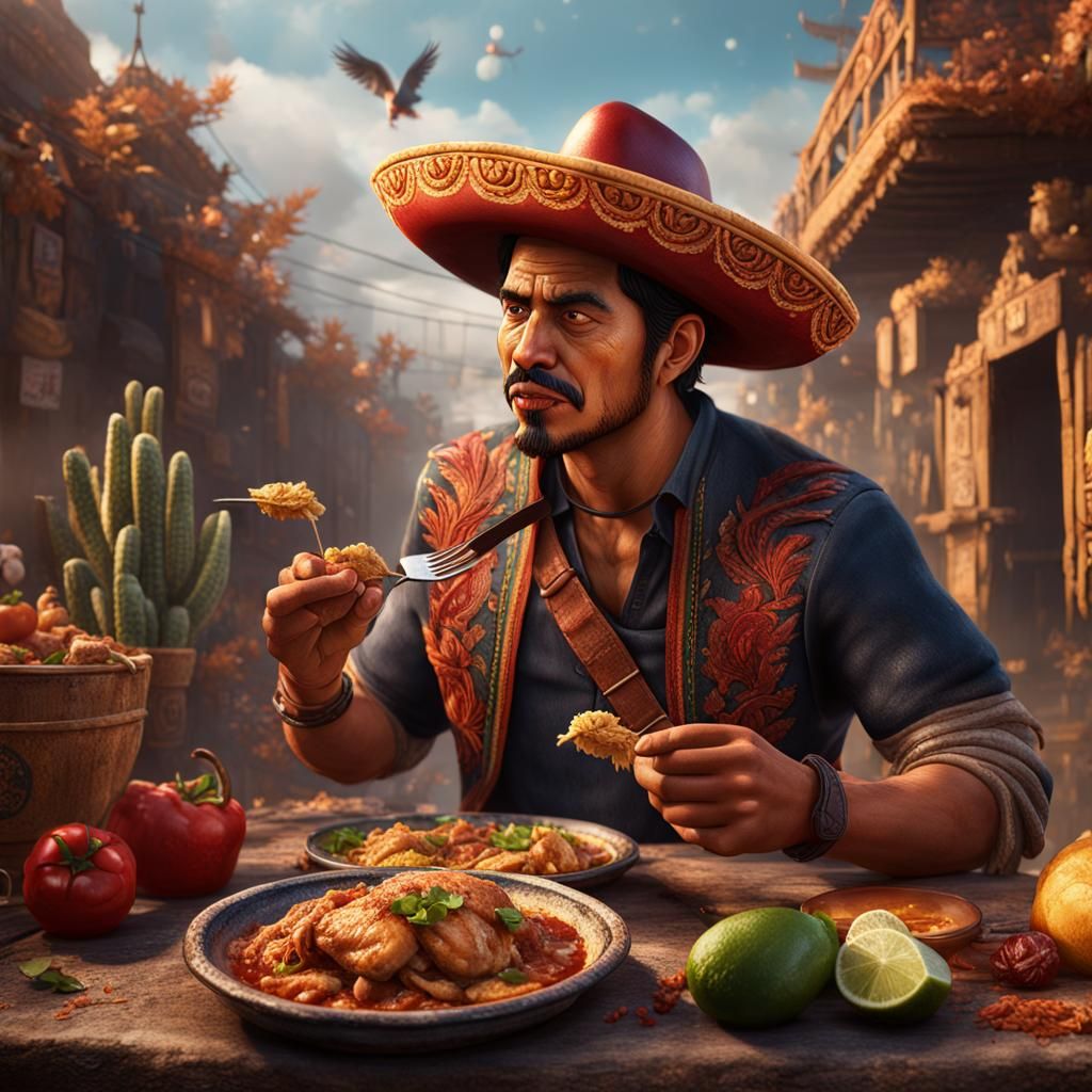 Mexican Man Eating Chicken: Detailed Matte Painting