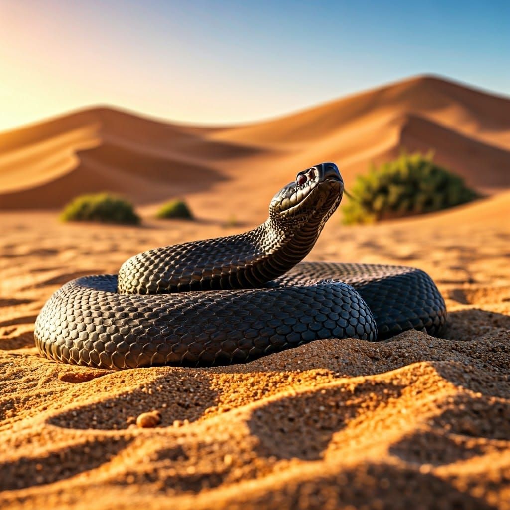 Aggressive Black Snake in Desert Landscape Photography