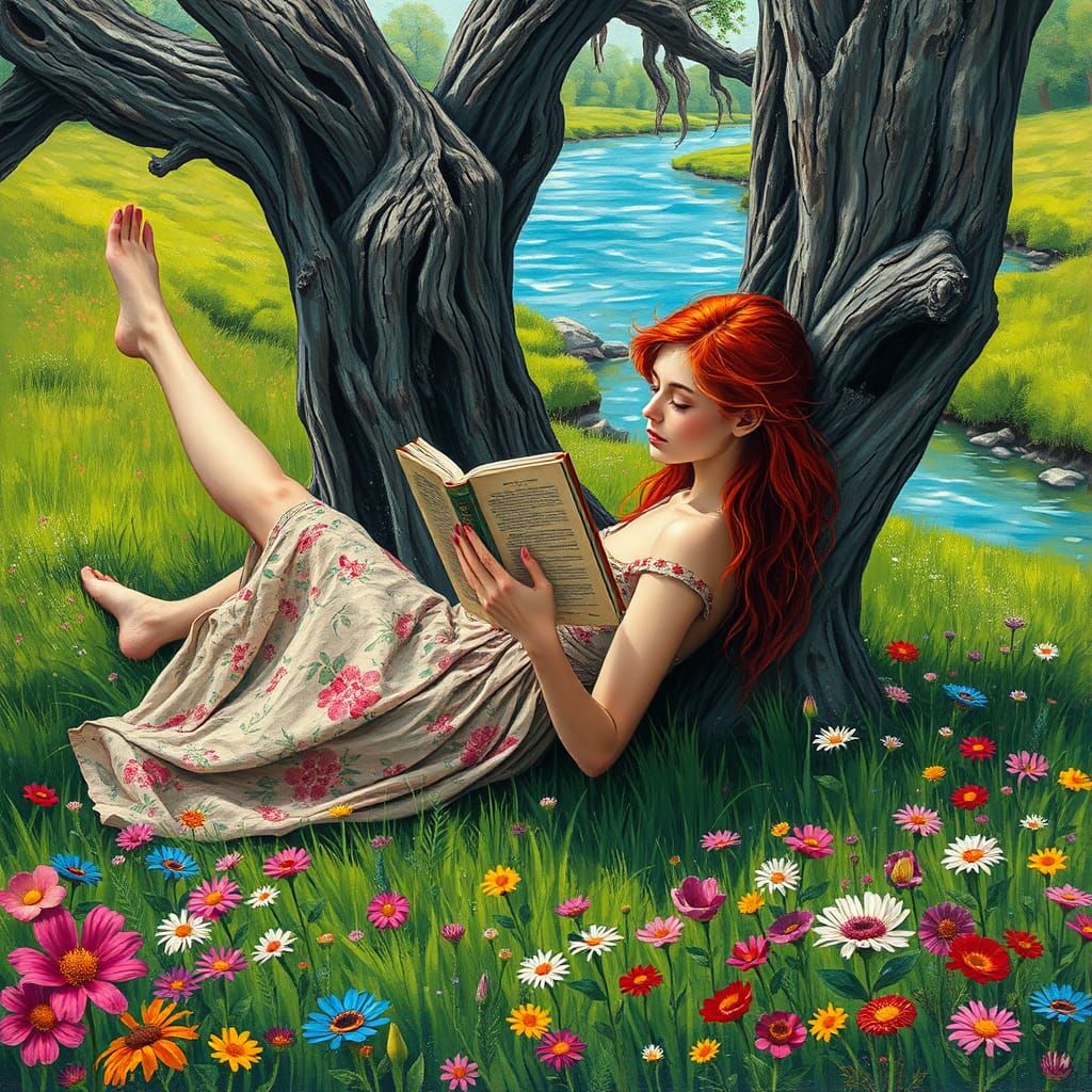Woman Reading in Meadow, Graffiti Splash Art