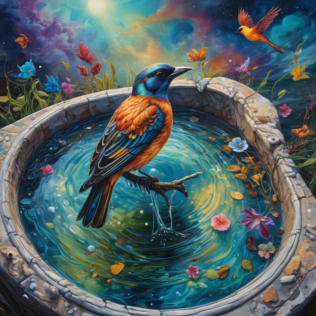 Cosmic Bird Bath in Surrealist Style