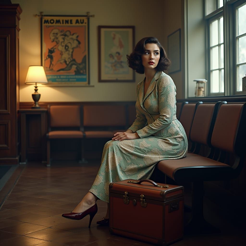 Nostalgic 1940s Woman in Vintage Train Station
