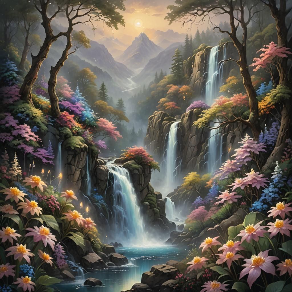 Ethereal Waterfall in a Mystical Fantasy Landscape