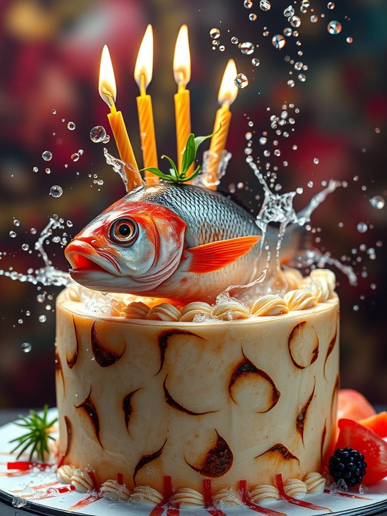 Hyperrealistic Raw Fish Birthday Cake in Champagne