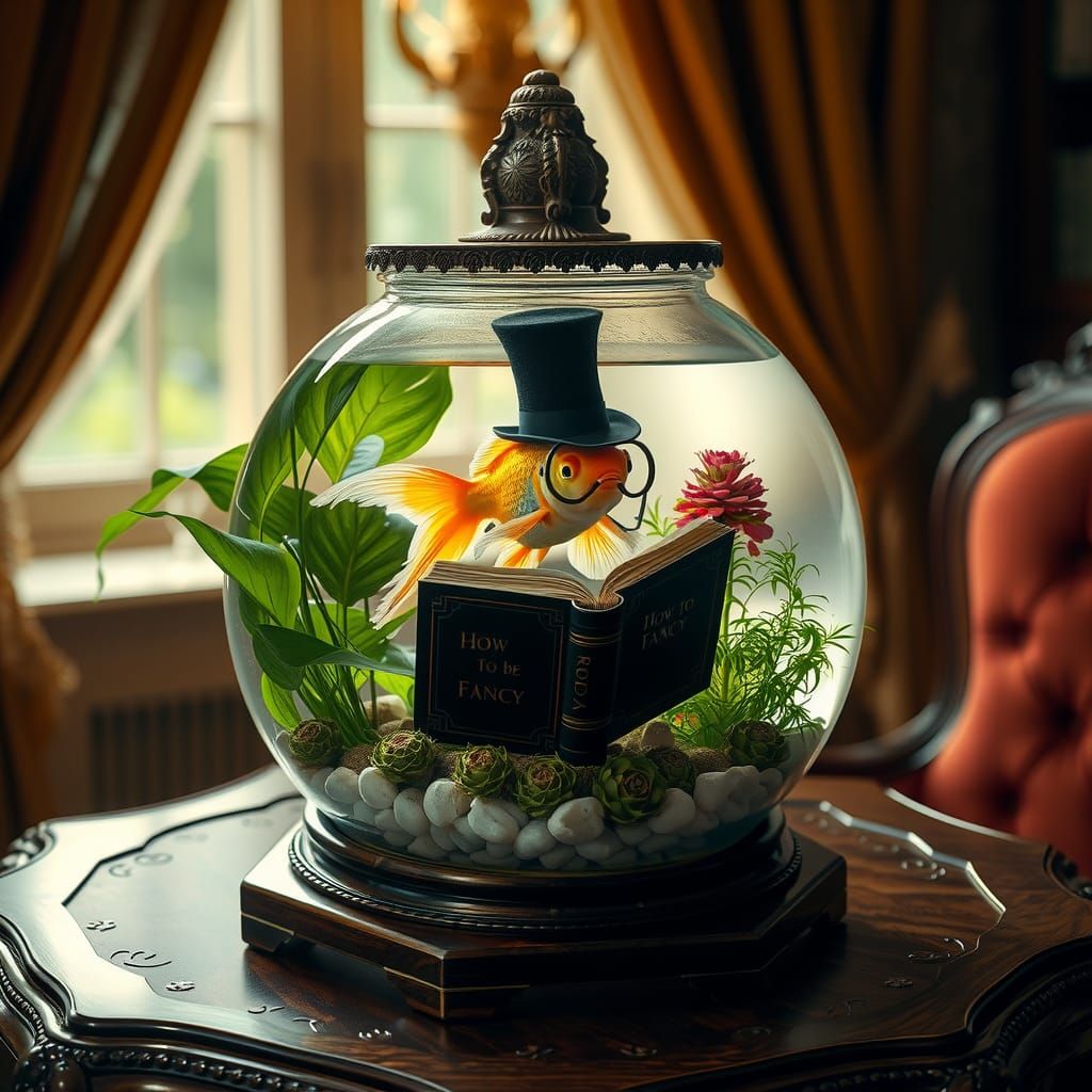 Fancy Goldfish Reading Book in Victorian Study