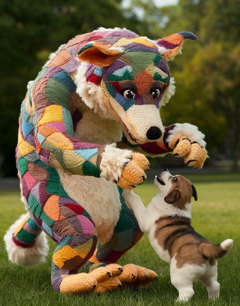 Hyperdetailed Plushie Creature Plays with Puppy
