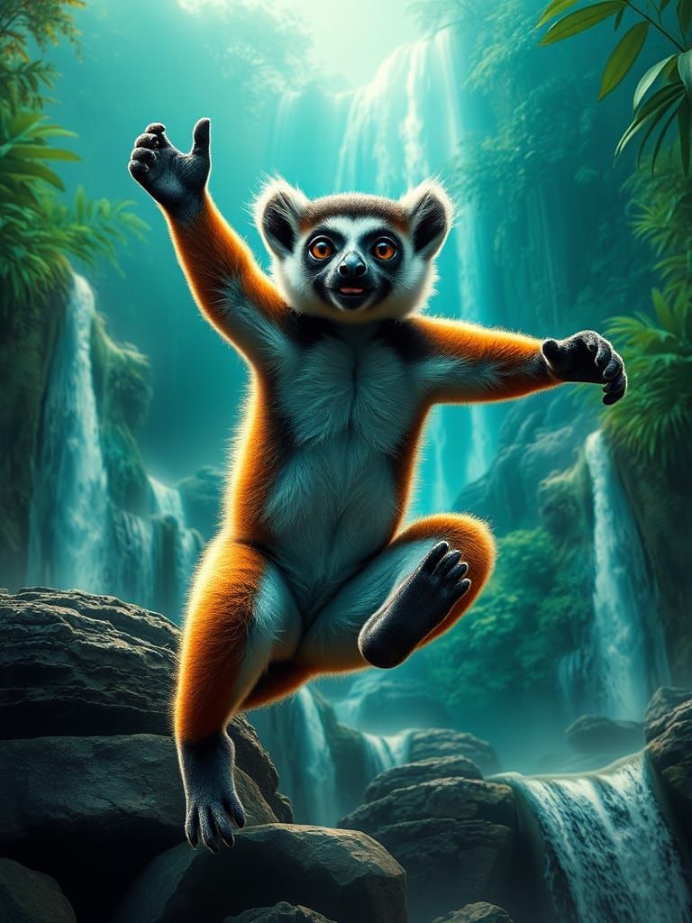 Friendly Giant Lemur Leaping Towards Waterfalls