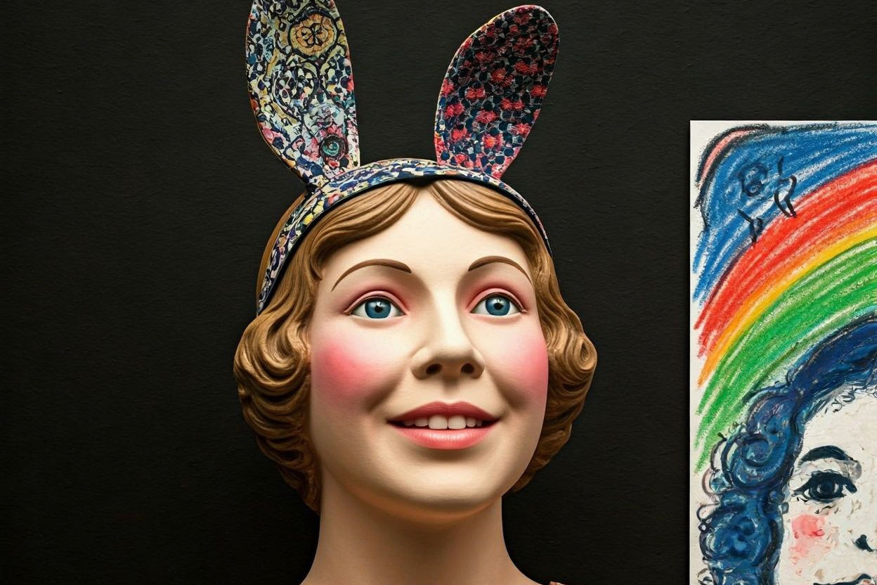 Shy Child with Bunny Ears in Mixed Patterns