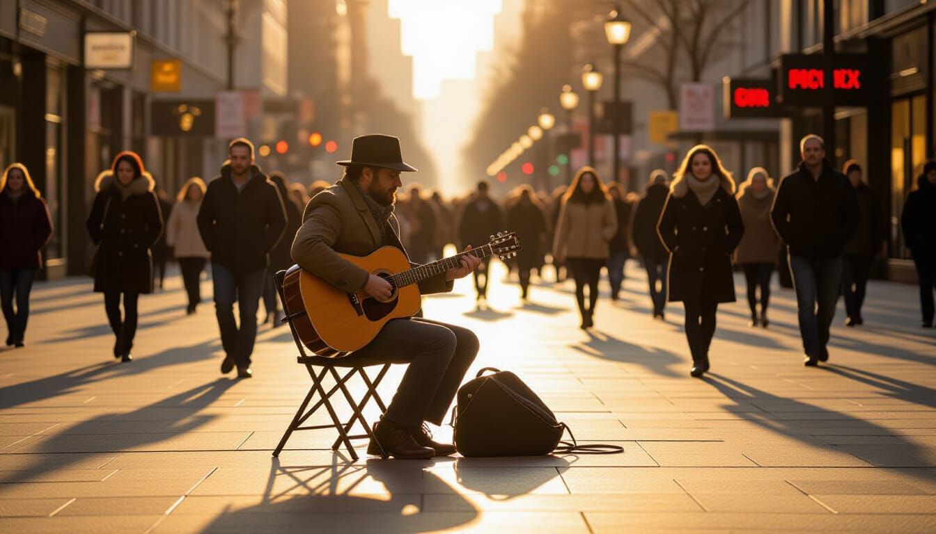 Street Musician's Candid Performance in Golden Light