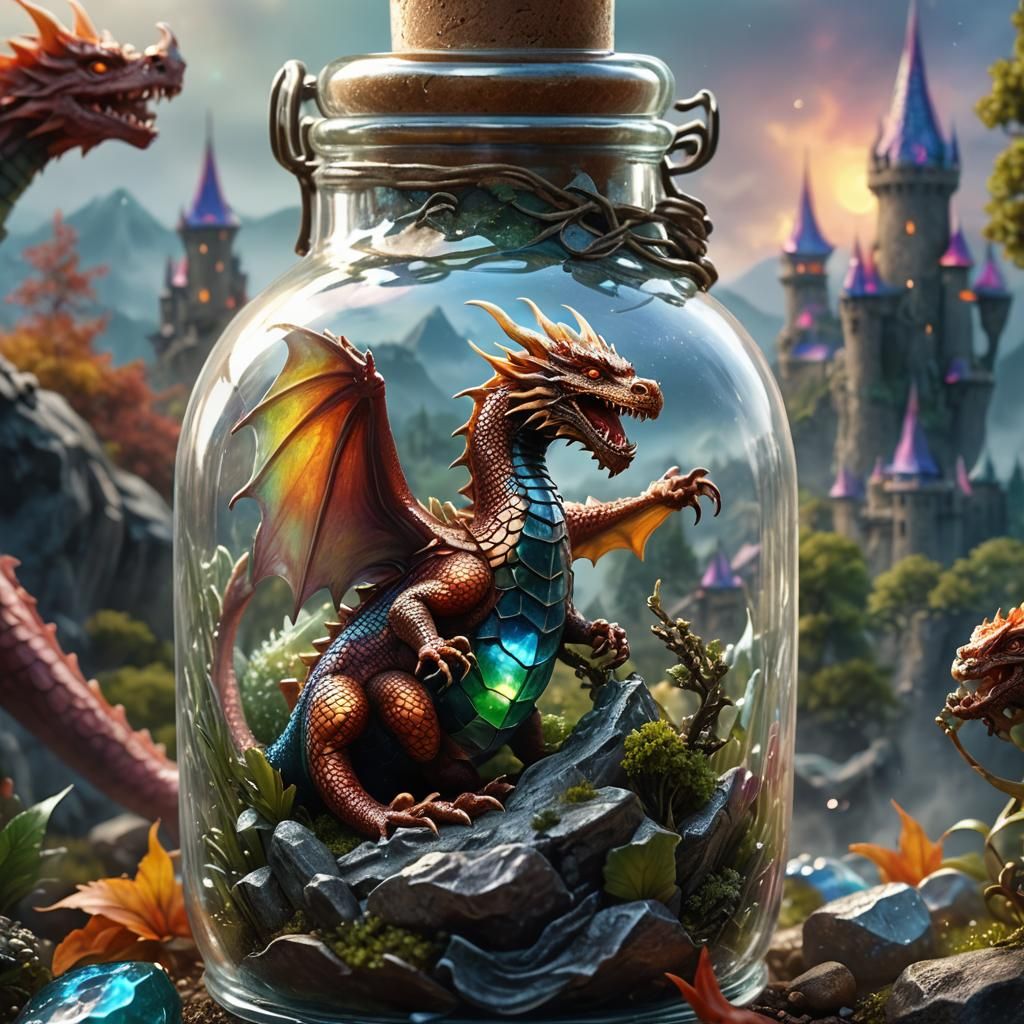 Dragon Guarding Miniature Kingdom in Glass Bottle