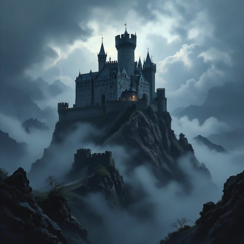 Mediaeval Castle on Rocky Mountain Under Threatening Sky