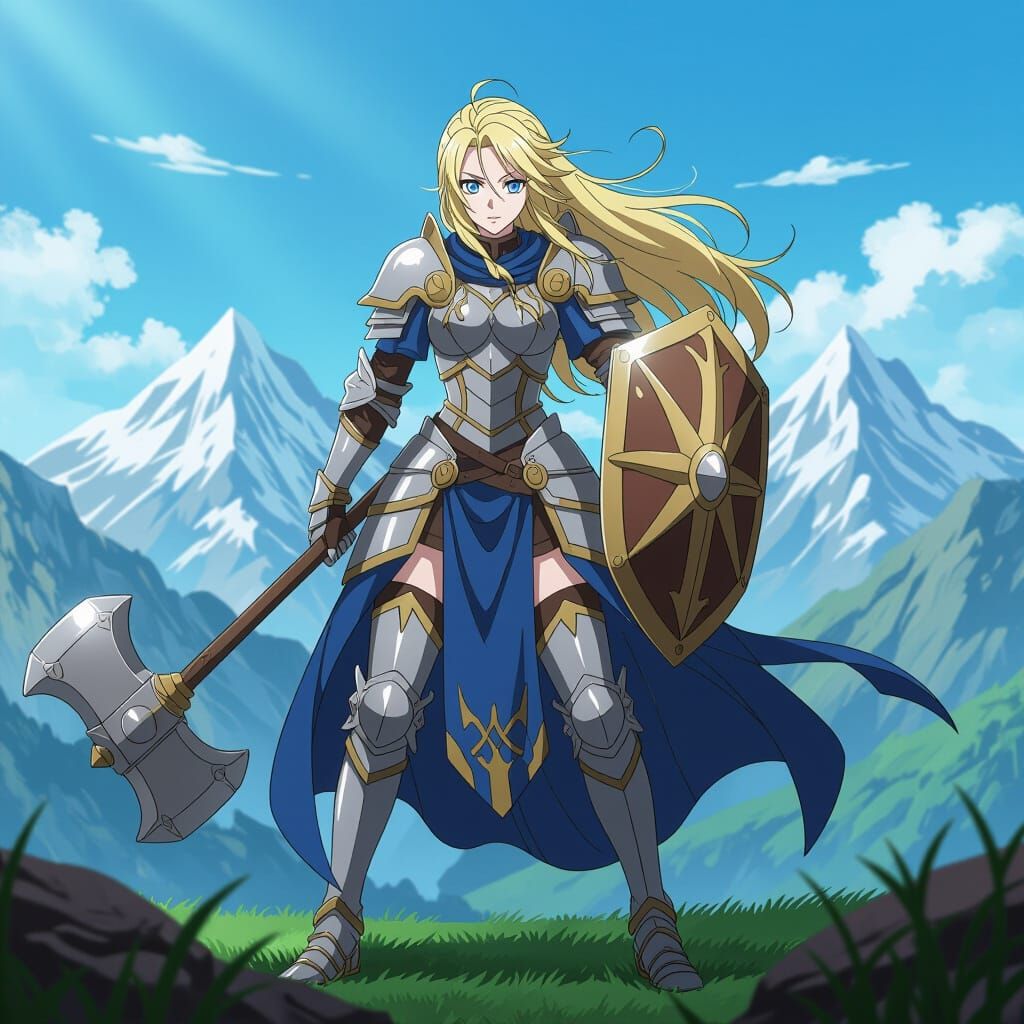 Warrior Woman in Silver Armor with Hammer and Shield
