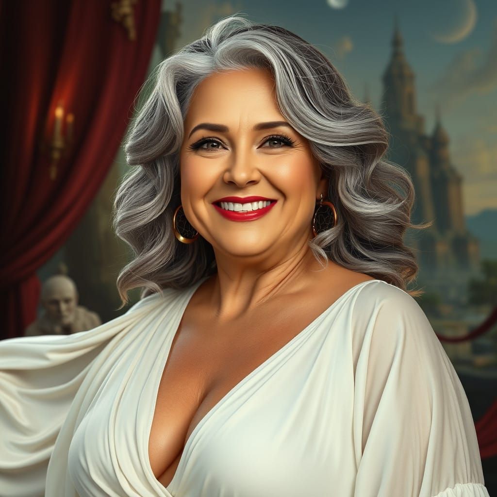 Elegant Mature Woman in White Dress, Hypereal Portrait with....