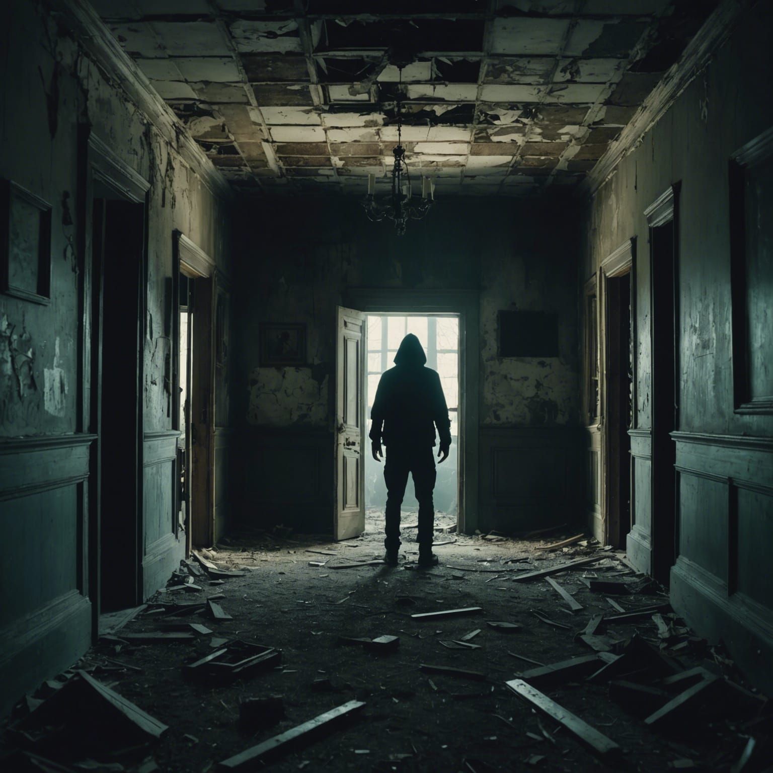 Terrifying Haunted House Exploration: Cinematic Film Still