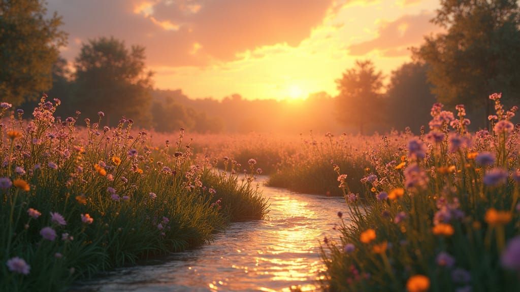 Sunset Over Wildflowers: Whimsical Digital Matte Painting